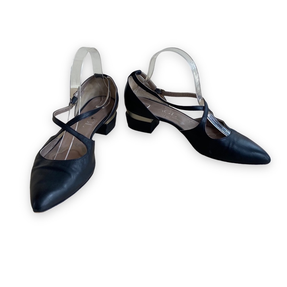 AGL Sz 40 Black Leather Pointed Toe Low Heel Cross Cross Ankle Strap Flats